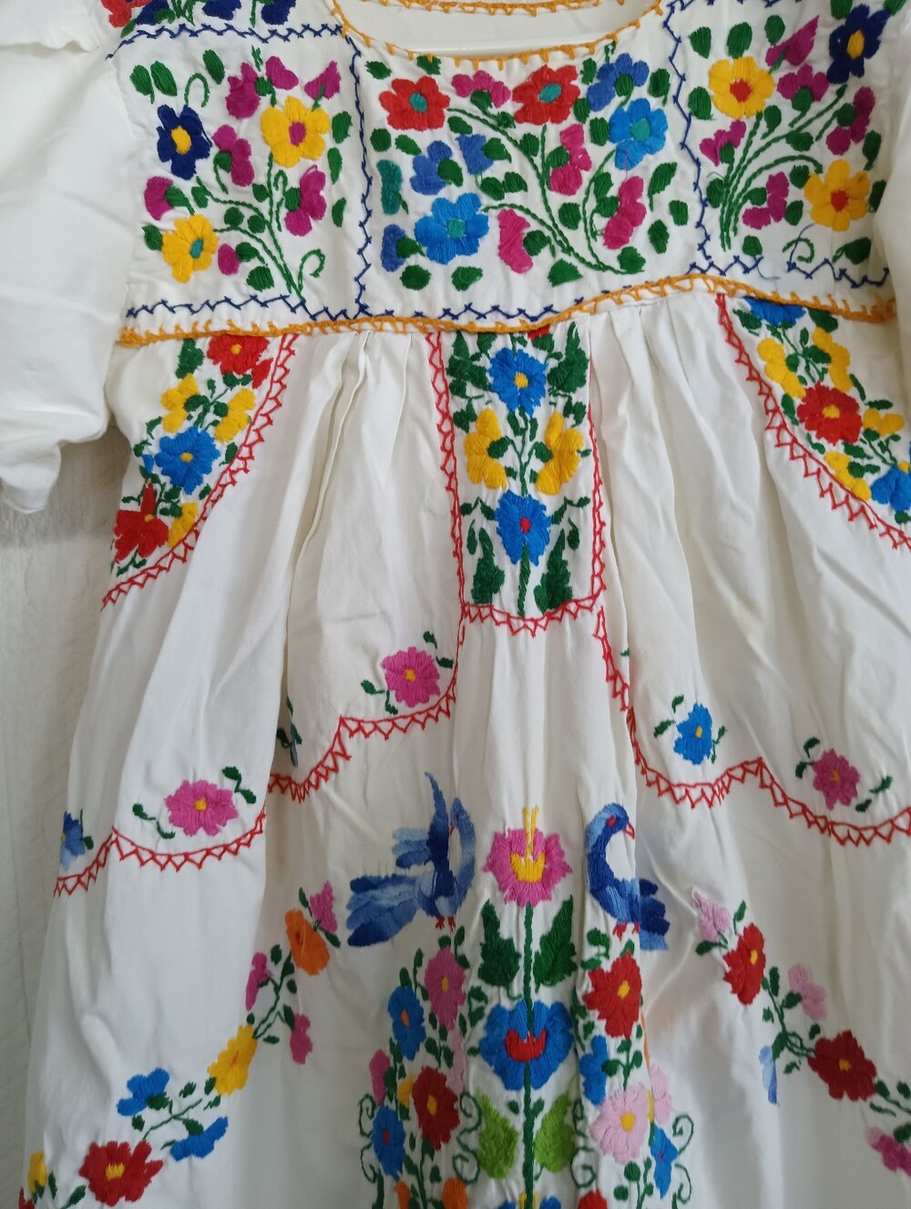 Vintage Hand Embroidered Mexican Dress Traditional Puebla Colorful Maxi Red Blue - Picture 7 of 14